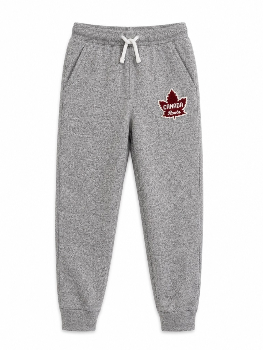 Roots Kids Peppered Grey Joggers with Red Maple Leaf Patch - Size 7 GUC